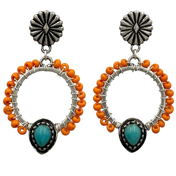 Orange Seed Bead Wrapped Blue Stone Post Drop Earrings - Picture 1 of 3